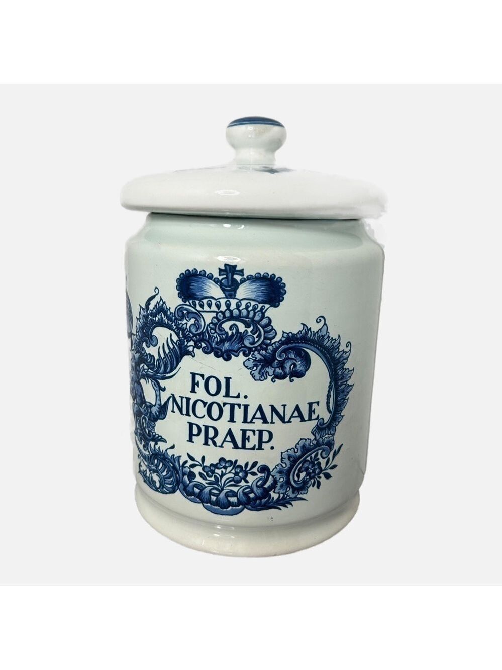 Vintage Delft Blue Holland Lidded Tobacco Apothecary Jar Floral 8.5x5.5”